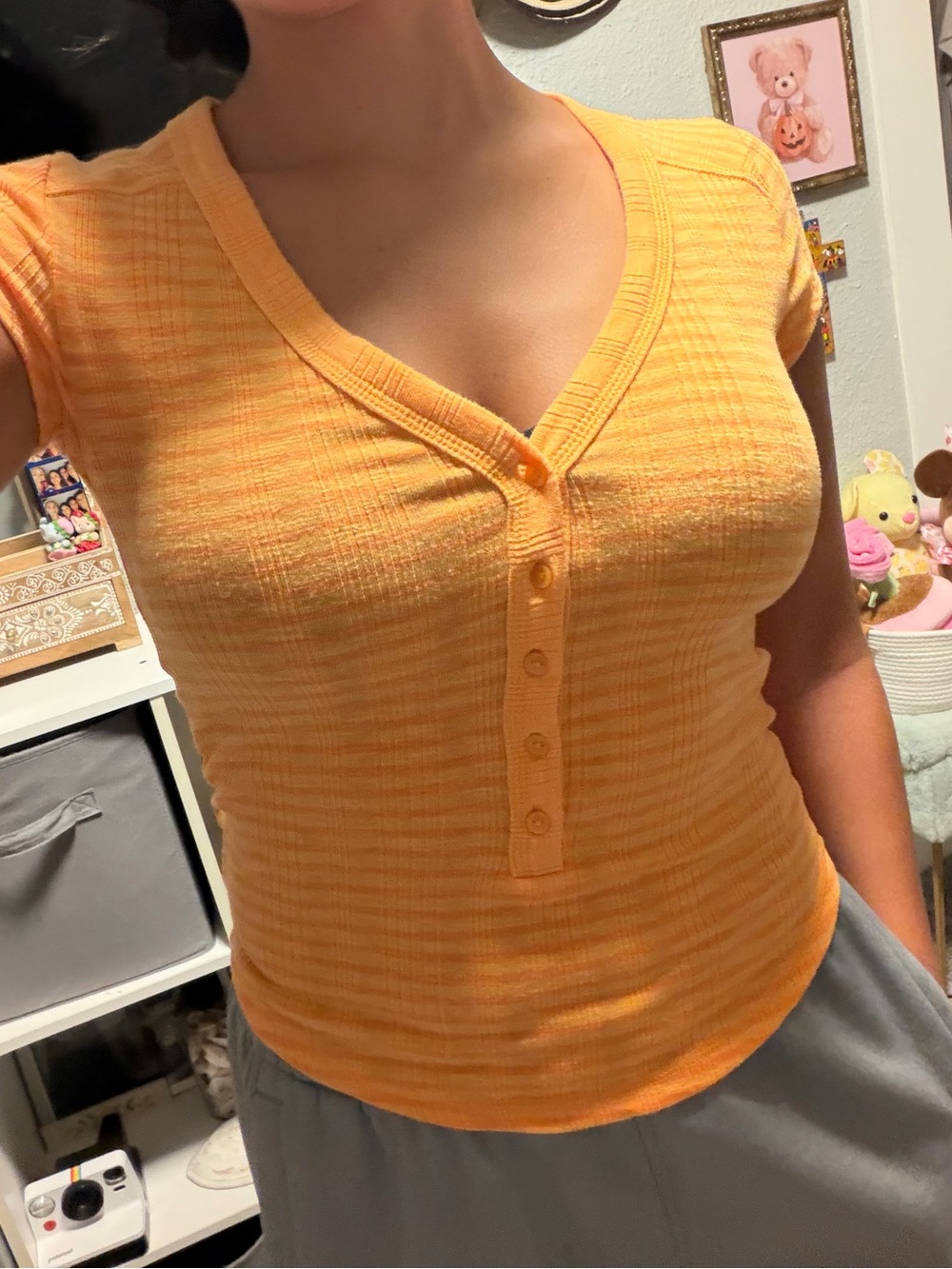 American Eagle Outfitters Orange Short-Sleeve Ribbed Henley Crop Top